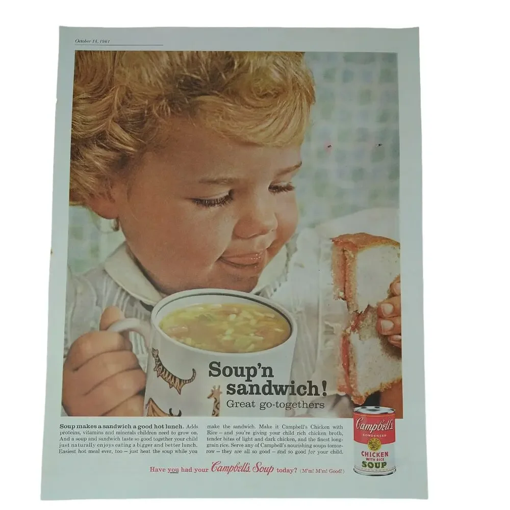 Campbell's Soup N Sandwich - Girl Bowl Chicken Soup - 1961 Vtg PRINT AD Ephemera